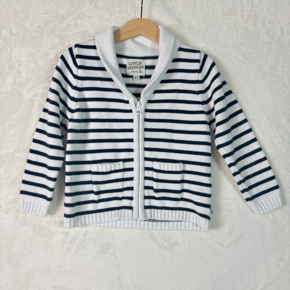 Little Brother Cardigan Kids 4T White‎ Blue Grandpa Striped Shawl Zip Sweater